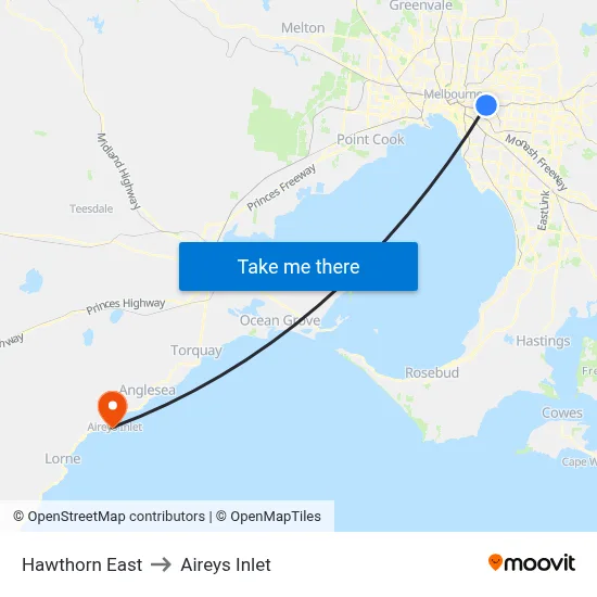 Hawthorn East to Aireys Inlet map