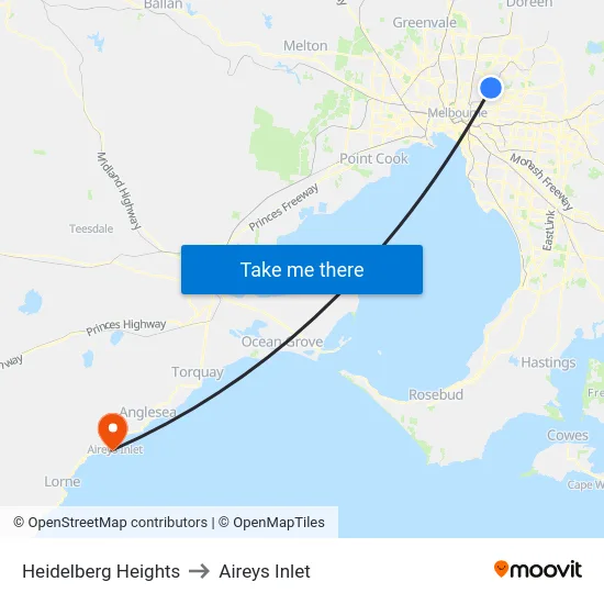 Heidelberg Heights to Aireys Inlet map