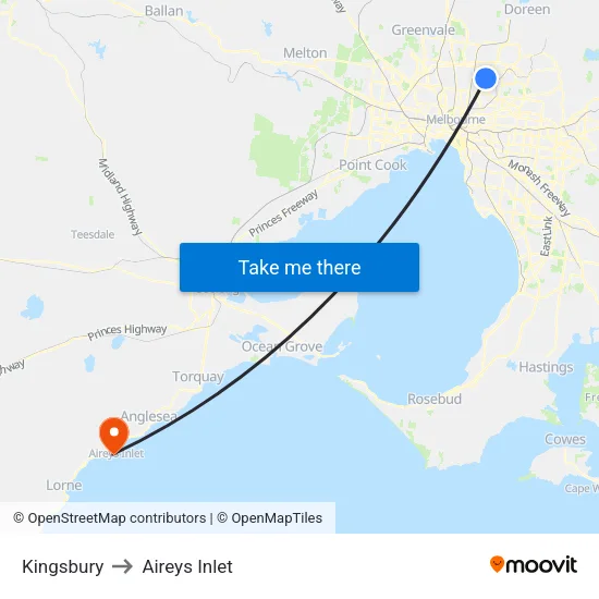 Kingsbury to Aireys Inlet map