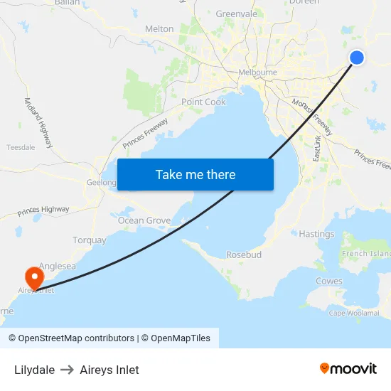 Lilydale to Aireys Inlet map