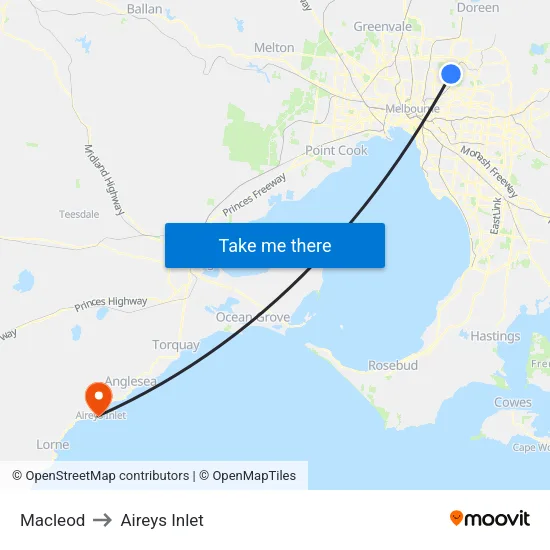 Macleod to Aireys Inlet map