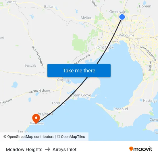 Meadow Heights to Aireys Inlet map