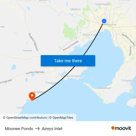Moonee Ponds to Aireys Inlet map
