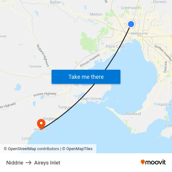 Niddrie to Aireys Inlet map