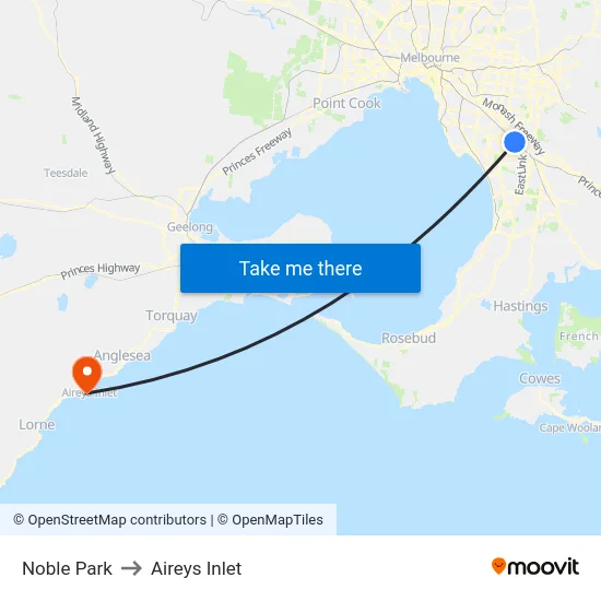 Noble Park to Aireys Inlet map