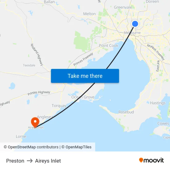 Preston to Aireys Inlet map