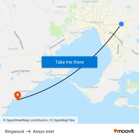 Ringwood to Aireys Inlet map