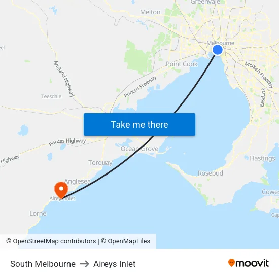 South Melbourne to Aireys Inlet map