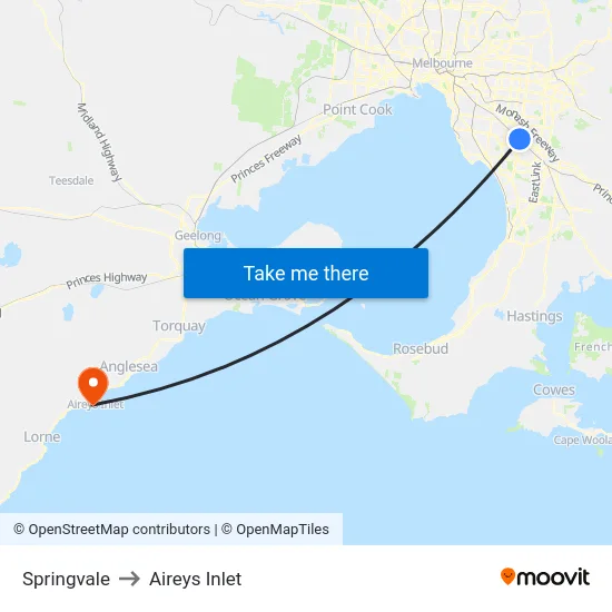 Springvale to Aireys Inlet map