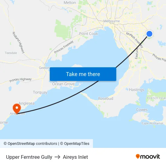 Upper Ferntree Gully to Aireys Inlet map
