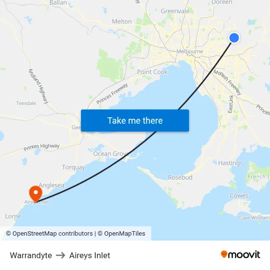 Warrandyte to Aireys Inlet map