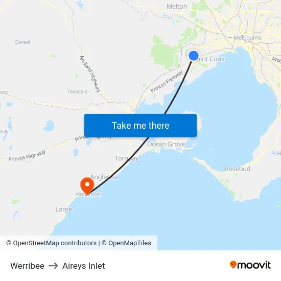 Werribee to Aireys Inlet map