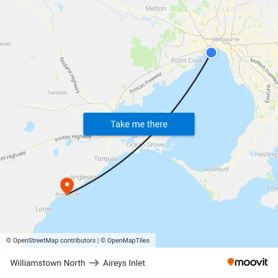 Williamstown North to Aireys Inlet map