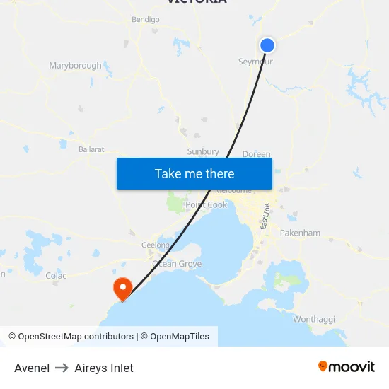 Avenel to Aireys Inlet map