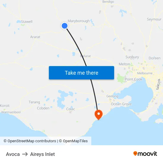 Avoca to Aireys Inlet map