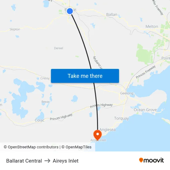 Ballarat Central to Aireys Inlet map