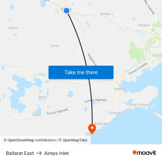 Ballarat East to Aireys Inlet map