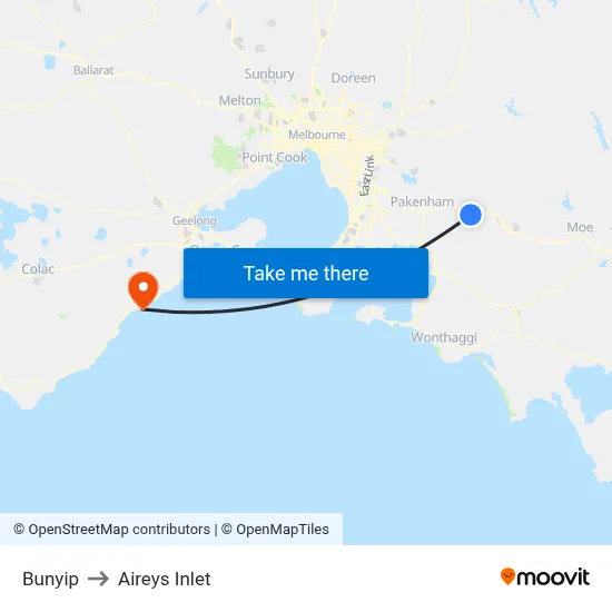 Bunyip to Aireys Inlet map