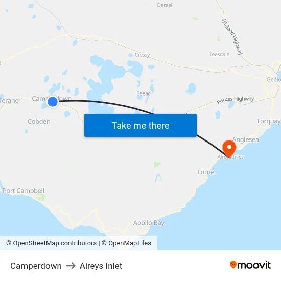 Camperdown to Aireys Inlet map