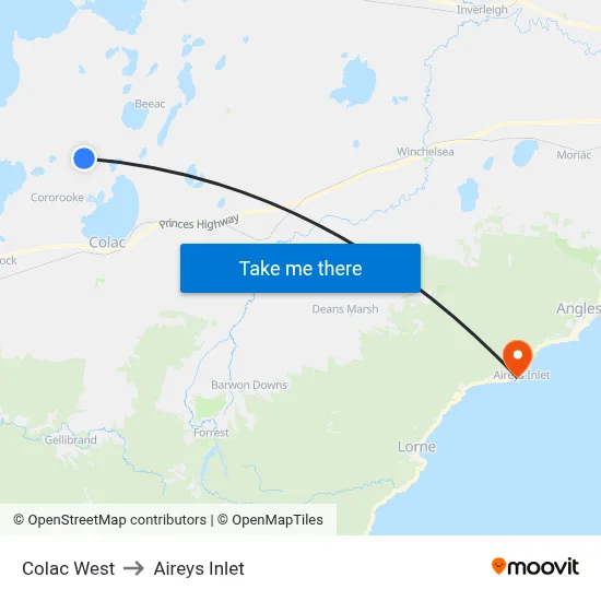 Colac West to Aireys Inlet map