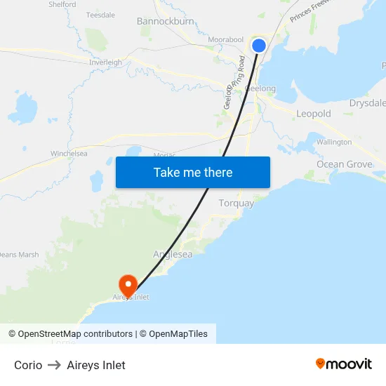 Corio to Aireys Inlet map