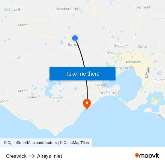 Creswick to Aireys Inlet map