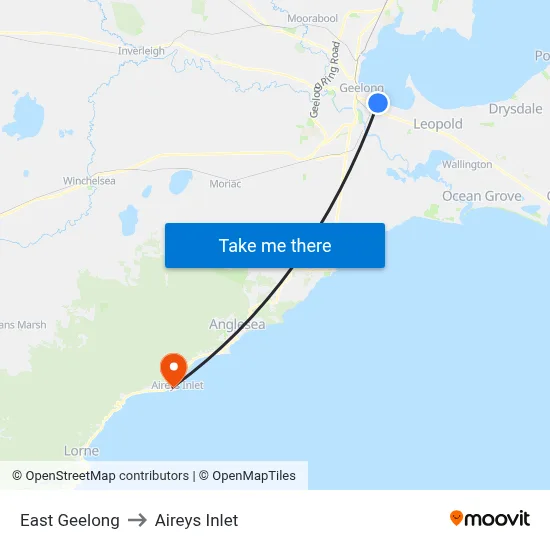 East Geelong to Aireys Inlet map