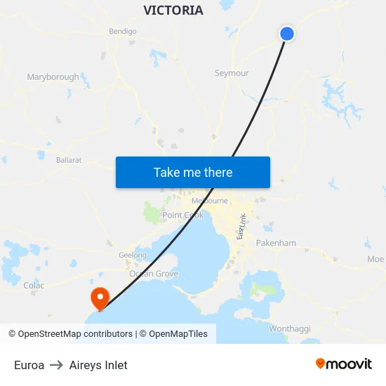 Euroa to Aireys Inlet map
