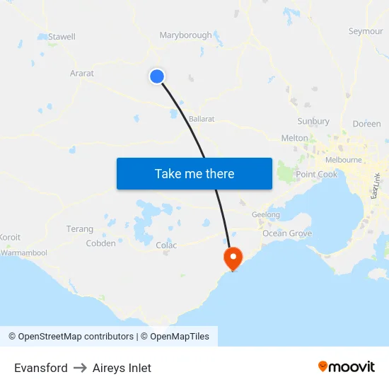 Evansford to Aireys Inlet map