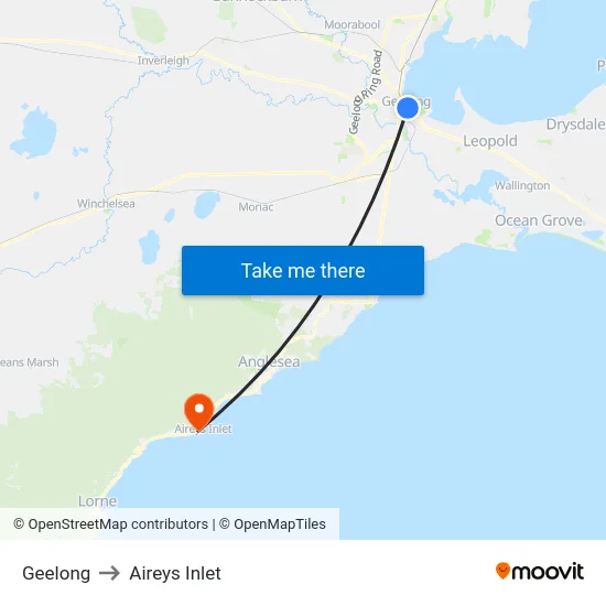 Geelong to Aireys Inlet map