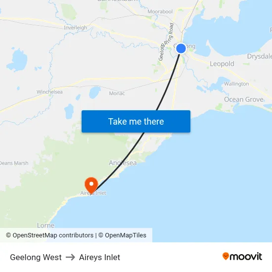 Geelong West to Aireys Inlet map