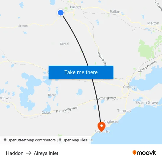Haddon to Aireys Inlet map