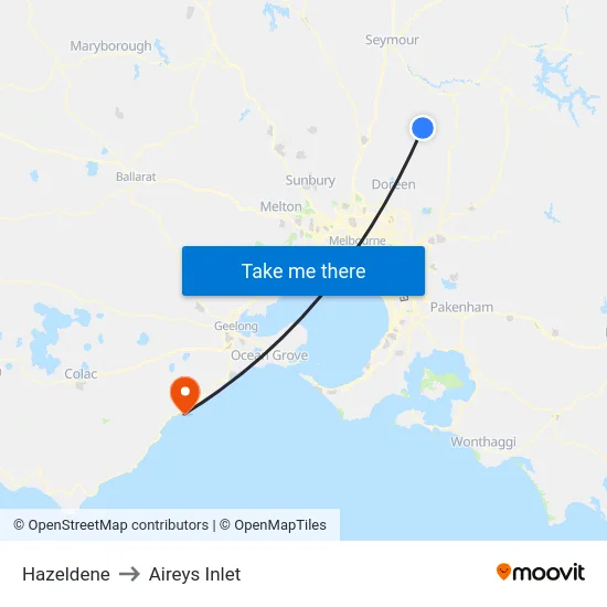 Hazeldene to Aireys Inlet map