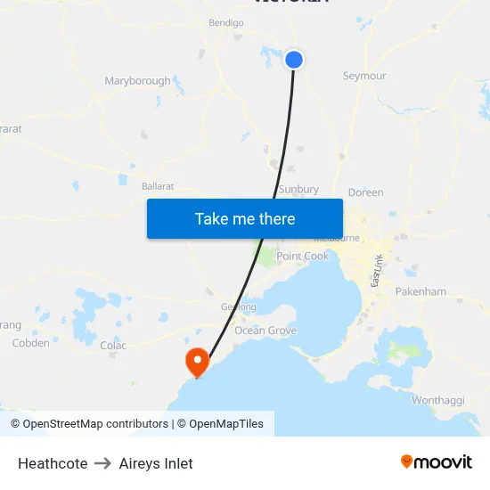 Heathcote to Aireys Inlet map