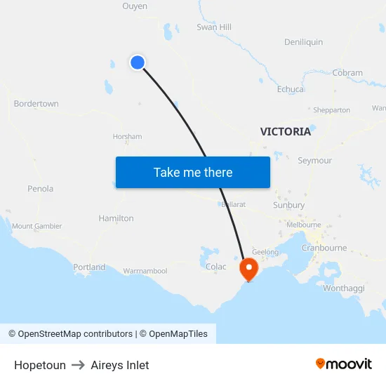 Hopetoun to Aireys Inlet map
