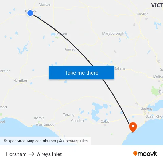 Horsham to Aireys Inlet map