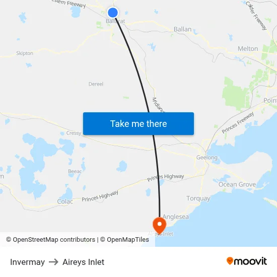 Invermay to Aireys Inlet map
