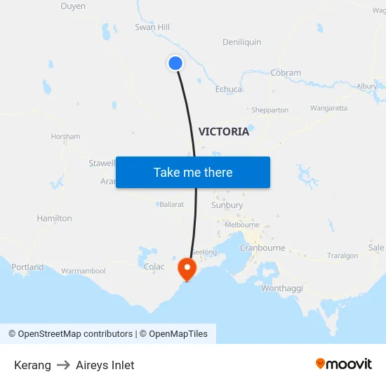 Kerang to Aireys Inlet map