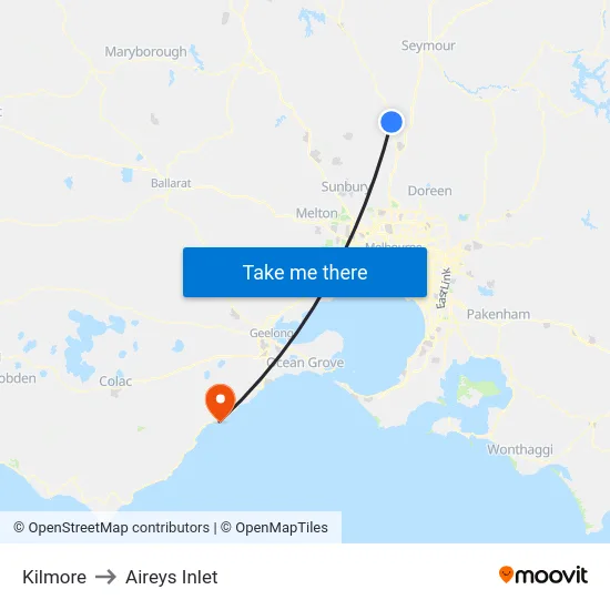 Kilmore to Aireys Inlet map