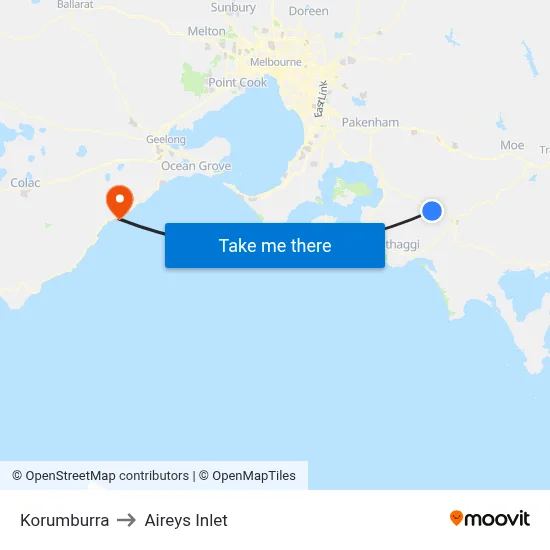 Korumburra to Aireys Inlet map