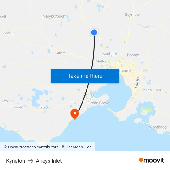 Kyneton to Aireys Inlet map