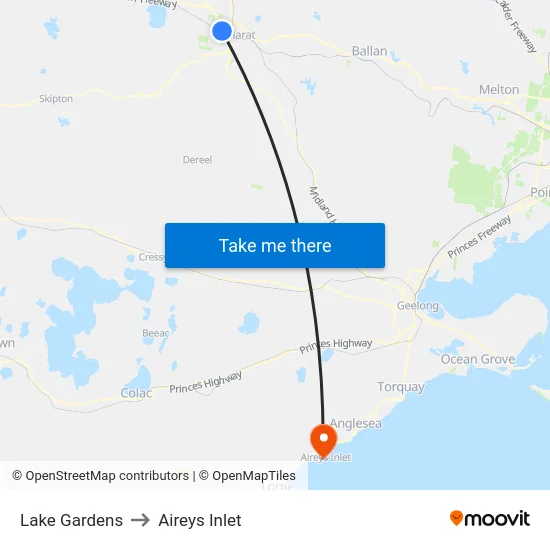 Lake Gardens to Aireys Inlet map