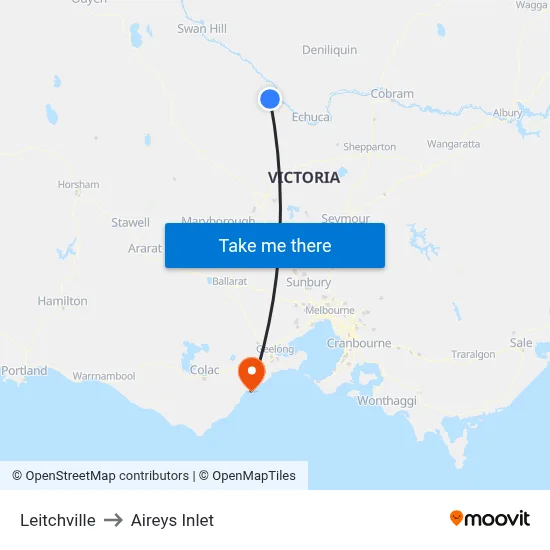 Leitchville to Aireys Inlet map