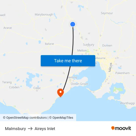 Malmsbury to Aireys Inlet map
