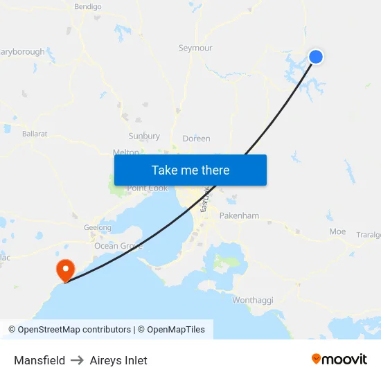 Mansfield to Aireys Inlet map
