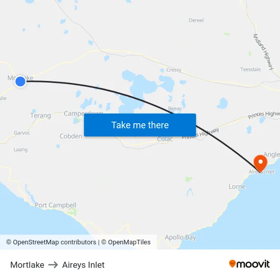 Mortlake to Aireys Inlet map