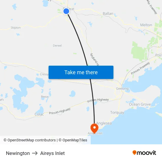 Newington to Aireys Inlet map