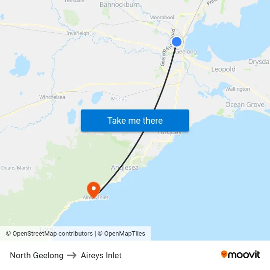 North Geelong to Aireys Inlet map