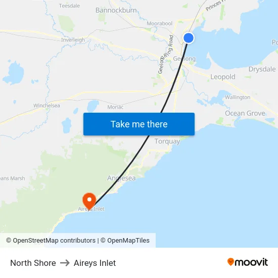 North Shore to Aireys Inlet map