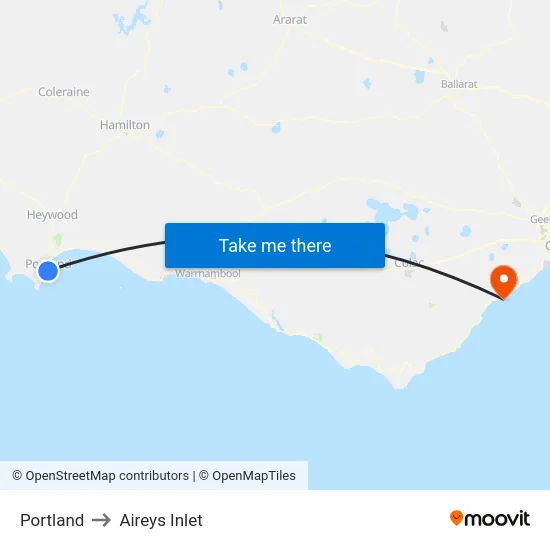 Portland to Aireys Inlet map